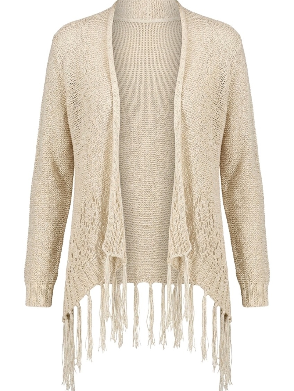 Monteau Fringed Open-Front Knit Cardigan Sweater - Cream Small